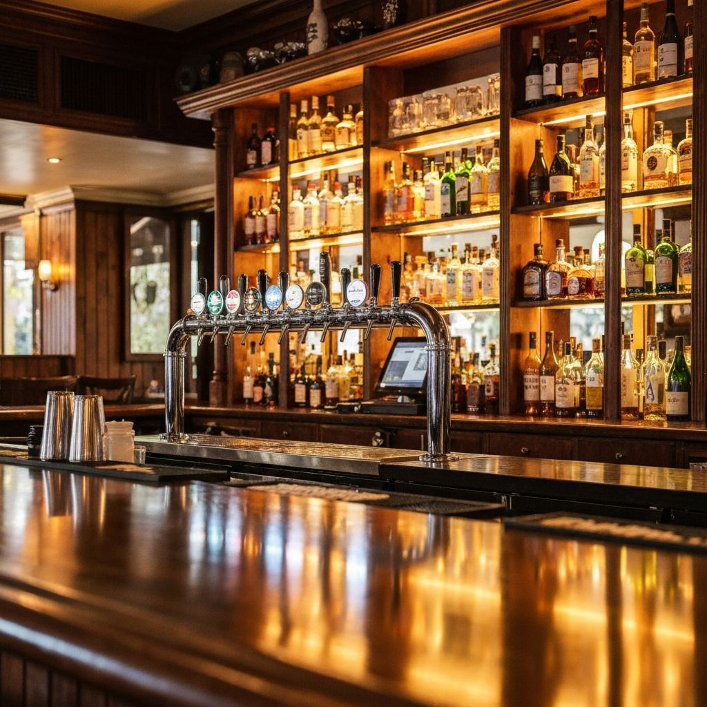 Bar counter at Falvey's Hotel with beer taps and shelves of spirits