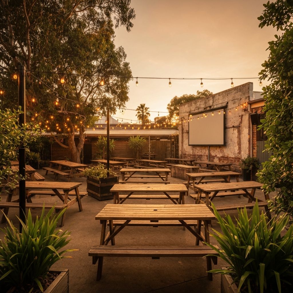 Outdoor beer garden at Falvey's Hotel Yamanto with string lights and large screen